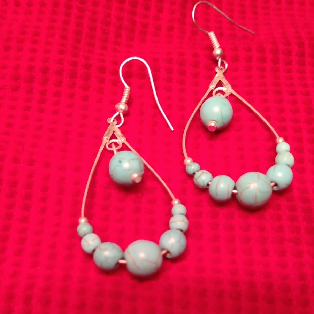 Silver Tone Faux Turquoise Beaded Dangle Earrings